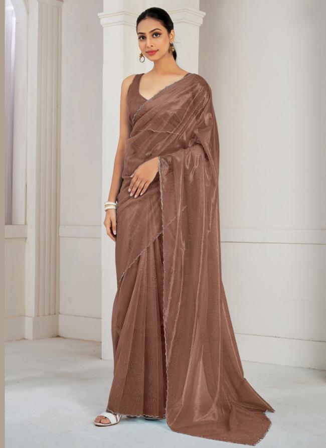 Soft Organza Brown Casual Wear Hand Work Saree